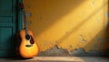Acoustic guitar leaning against rustic yellow wall with peeling paint. Sunlight streams across textured surface, creating Royalty Free Stock Photo