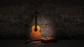 Acoustic guitar leaning on grungy wall