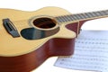 The acoustic guitar is made of brown wood. It is a guitar for playing folksong music. Very popular It is a guitar that gives a