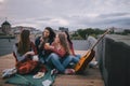 Acoustic guitar music and meeting friends on roof Royalty Free Stock Photo