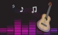 Acoustic guitar with music notes flying and graphic equalizer on black background Royalty Free Stock Photo