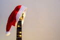 Acoustic Guitar with red Santa hat and light garland. Christmas music song concept with copyspace Royalty Free Stock Photo