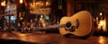 The acoustic guitar resting on a wooden bar in a cozy pub setting..AI generated image Royalty Free Stock Photo