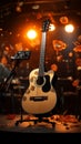 An acoustic guitar\'s notes resonate, etching melodies in the recording studio.