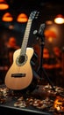 An acoustic guitar\'s notes resonate, etching melodies in the recording studio.