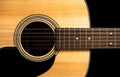 Acoustic guitar-strings, neck, protective pad, resonator hole. Royalty Free Stock Photo