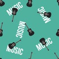 Acoustic Guitar and Text on Blue Background Vector Seamless Pattern