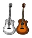 Acoustic guitar. Vintage vector color engraving illustration Royalty Free Stock Photo