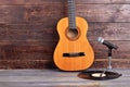 Acoustic guitar, vinyl record and microphone.