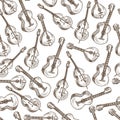 Acoustic guitar and violin, string musical instruments seamless pattern