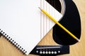 Acoustic guitar on white background, The guitar body pattern is wood grain