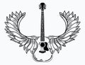 Acoustic guitar with wings. Stylized coustic guitar with angel wings. Black and white illustration of a musical Royalty Free Stock Photo