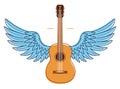 Acoustic guitar with wings vector emblem for festival or concert or player isolated on white, live music theme, logo for musical