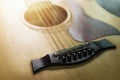 Acoustic guitar, wood pattern, placed against the wall of the room