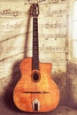 Acoustic Gypsy Jazz Guitar Vintage and Aged with Wear and Music Notes