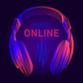 Acoustic headphones wireframe and online music title with neon radio wave contour. Vector illustration with outline portable