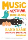 Acoustic music festival poster, flyer with a bird singing on a guitar