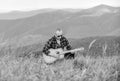 Acoustic music. Music for soul. Playing music. Sound of freedom. In unison with nature. Musician hiker find inspiration Royalty Free Stock Photo