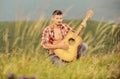 Acoustic music. Summer music festival outdoors. Playing music. Sound of freedom. Inspired musician play rock ballad Royalty Free Stock Photo