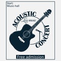 Acoustic musical concert poster with guitar and microphone. Vector.