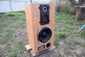 Acoustic system Amphiton 35as-018. Music speakers in the garden outdoors, listening to music.