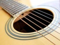 Acoustic wood guitar close up on wooden background with fretboard, strings, and tuners for music blogs, musician social media. Royalty Free Stock Photo