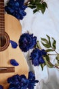 An acoustic wooden guitar lies on a white sheet surrounded by blue peonies Royalty Free Stock Photo