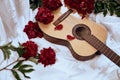 An acoustic wooden guitar lies on a white sheet surrounded by red peonies Royalty Free Stock Photo
