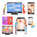 Acquaintance through the social network, distance relationship, online dating set of vector Illustrations