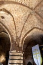 Stone arched vault in the dining room at the Templar fortress in the Acre old city in northern Israel