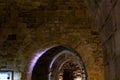 Stone halls in the premises of the Templar fortress in the Acre old city in northern Israel