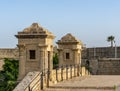 ACRE, ISRAEL - MARCH 23, 2018: Old Acre city walls, Israel. A heavy land defensive wall with cannon outposts.