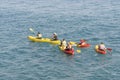 Acre, Israel - 11.05.2018: Sports outdoor active rest. Young people paddling on tandem sea kayak. Active summer vacation on the