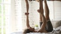 Acro yoga for couple, man and woman practicing pair exercises