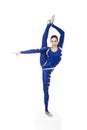 Acrobat, a circus artist in a blue suit. Royalty Free Stock Photo