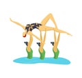 Acrobatic gymnasts performing balance routine, two women holding another upside down. Artistic gymnastics, teamwork, and