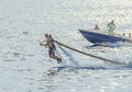 Acrobatic Jetsky pilot training on the lake. Aeronautic show