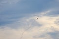 Acrobatic plane aircraft with smoke behind on blue sky