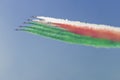 Acrobatic planes Frecce tricolore makes italian flag in the sk Royalty Free Stock Photo
