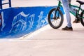 Acrobatics biker waiting his turn to throw a skatepark tube Royalty Free Stock Photo