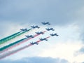 Acrobatics in the sky of the tricolor arrows Royalty Free Stock Photo