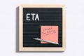 Acronym ETA on a letterboard with a note explaining it as ESTIMATED TIME OF ARRIVAL