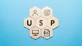 Acronym USP or Unique Selling Proposition. Abstract icons and text on wooden forms