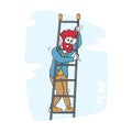 Acrophobia, Frightened Male Character Stand on Ladder Feeling Fear of Height. Stress, Emotional Imbalance, Anxiety