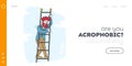 Acrophobia Landing Page Template. Frightened Man Stand on Ladder Feeling Fear of Height. Stress, Emotional Imbalance