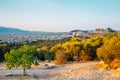 Acropolis ancient ruins from Filopappou Hill in Athens, Greece