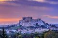 The Acropolis of Athens city in Greece with the Parthenon Temple dedicated to goddess Athena as seen from the Panathenaic Stadiu