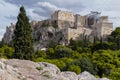 The Acropolis of Athens city in Greece with the Parthenon Temple dedicated to goddess Athena as seen from the vantage point of A