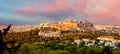 The Acropolis of Athens, Greece, with the Parthenon Temple with colorful clouds at sunset time. Athens, Greece, Europe Royalty Free Stock Photo