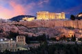 Acropolis of Athens, Greece, with the Parthenon Temple during sunset Royalty Free Stock Photo